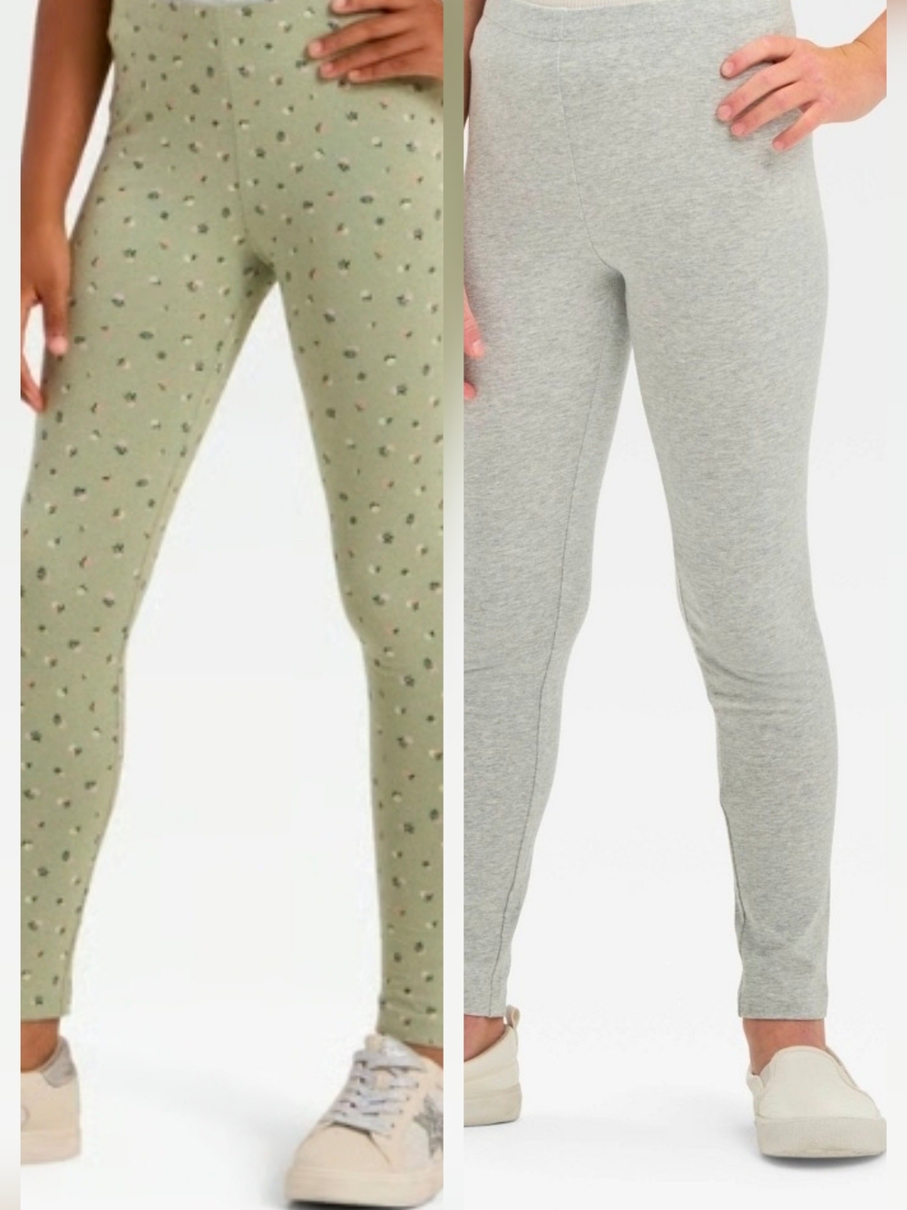 Cat & Jack Olive Green Flower and Light Gray Girls' Leggings Duo